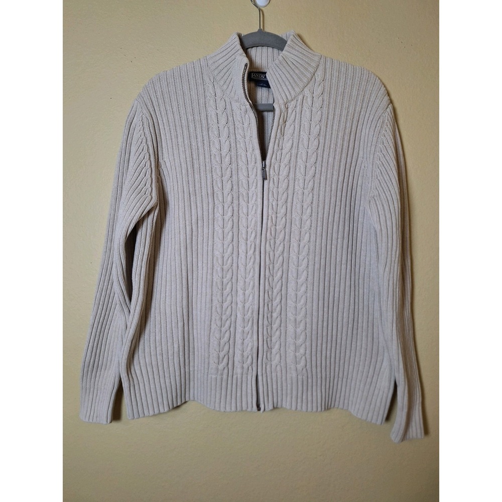 VTG Lands End Cardigan Mens L Tan Zip‎ Mock Fisherman Cable Baumwolle Cabin